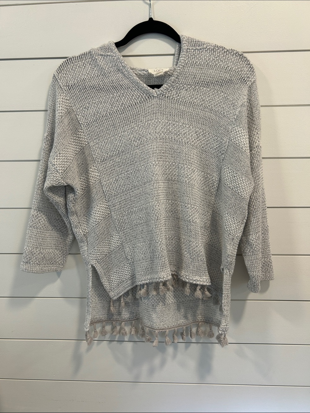 LOFT Light Gray V-Neck Tassel-Hem Knit Sweater